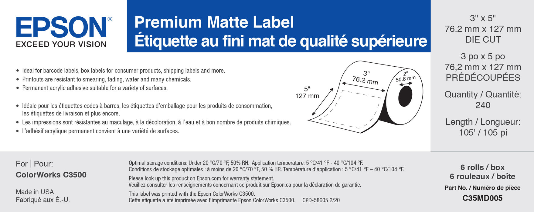 Epson ColorWorks Premium Matte 3500 Die Cut Media 3" x 5"