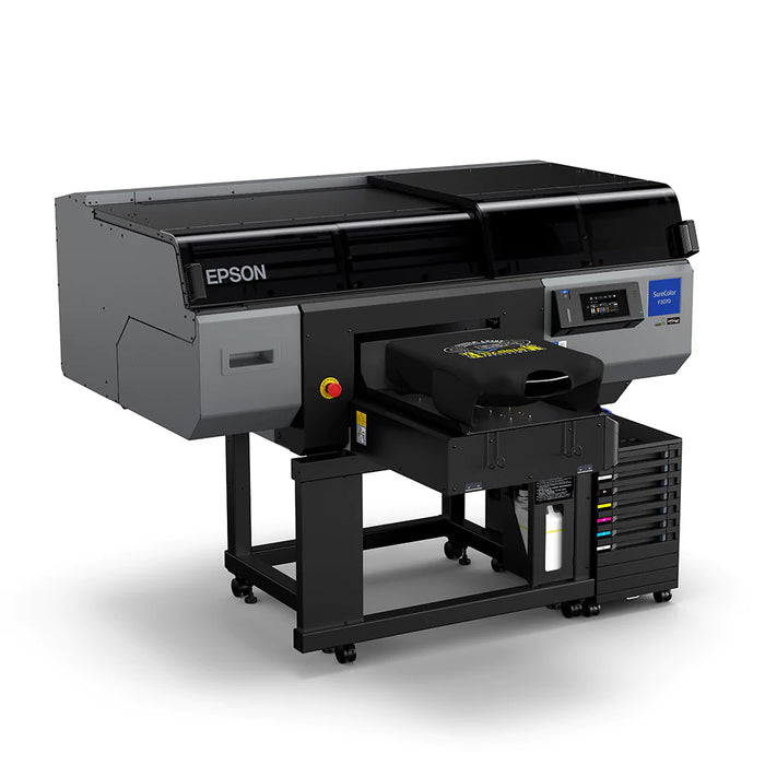 Epson SureColor F3070 Industrial Direct to Garment Printer with T Shirt on Platen Left View